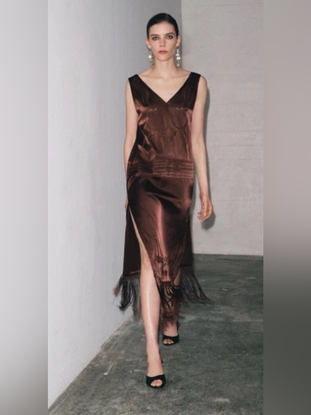 ZARA Vintage-Inspired Brown Fringe Slip Dress size small